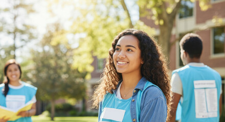 Young african female volunteer smiling outdoors with team