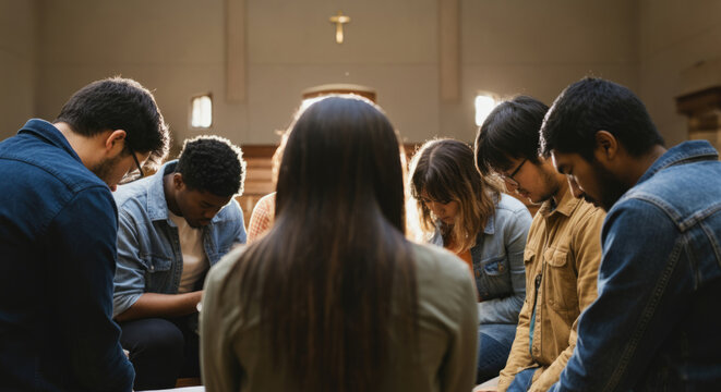 Diverse group of young adults in prayer gathering inside a church