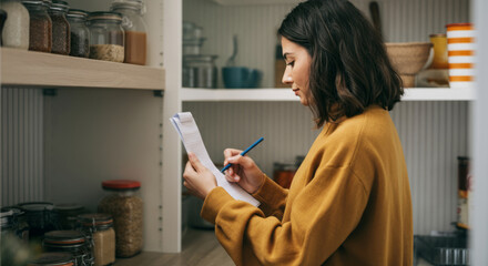 Young hispanic female taking inventory in home pantry
