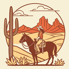vector a western cowgirl on horseback standing at a desert landscape, cacti, desert flowers, and  mountains, during sunset,  for a t-shirt design