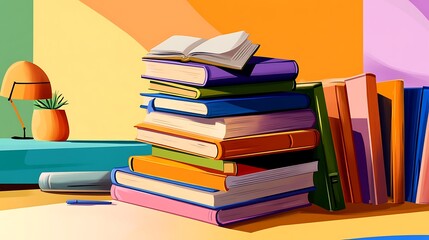 Vibrant Digital Painting of a Stack of Books in a Sunlit Room AI Generated