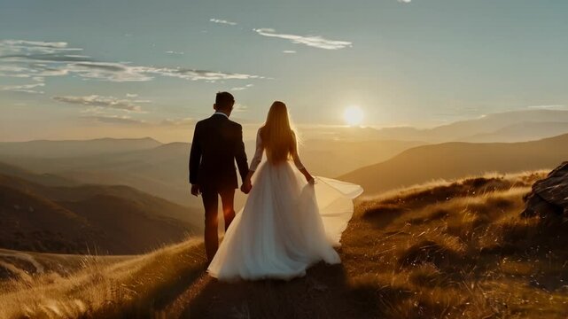 Bride and groom walking on a mountain overlook at golden hour, concept of eloping and destination weddings