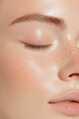 Obraz premium Woman Portrait in Cosmetic Universe with Close-Up on Natural Skin, Freckles, Groomed Eyebrows, and Rosy Lips