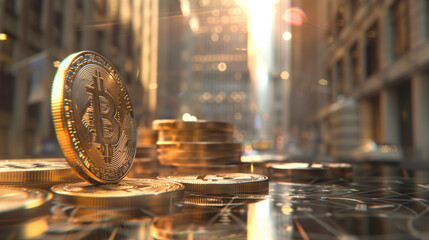 Bitcoin and cryptocurrency investment concept with golden coins in financial district