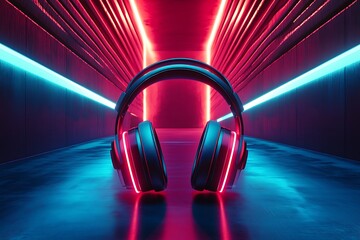 Futuristic Gaming Headset with Neon Lights in a High-Tech Room – Perfect for Esports and Streaming