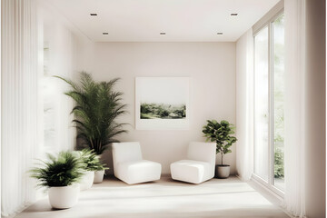 Illustration - Serene Interior Design with White Armchairs, Potted Plants, and Natural Light