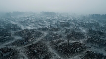 Aerial view of devastated village after fire
