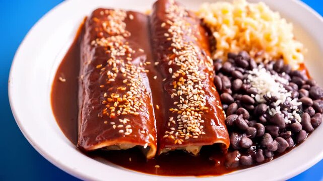 Mexican mole chicken enchiladas with rice and frijoles close up