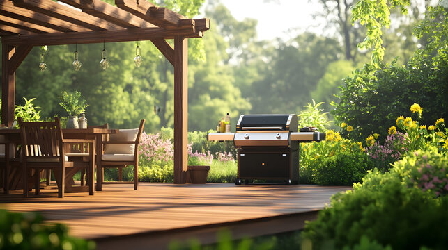Summer Backyard BBQ Luxurious Outdoor Kitchen and Dining Setup - Powered by Adobe