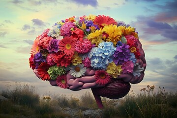 Floral brain art displaying colorful bouquet of vibrant flowers