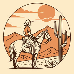 western cowgirl standing western landscape while sunset cacti, desert