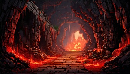 レトロゲーム風の自然のピクセルアート背景（火山洞窟） Generative AI