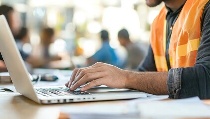 Construction Worker Using Laptop in Office Setting