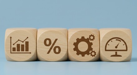 Wooden Cubes represent key business metrics: Growth, Percentage, Gears, and Performance Metrics for illustrating business strategy and analysis.