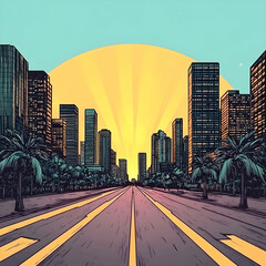 Fototapeta premium Illustration Cityscape Sunrise Road Palm Trees Buildings Urban Scene