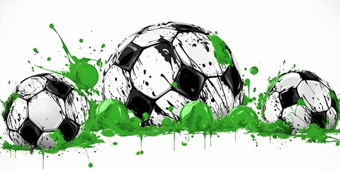 3D Illustration: Soccer Balls and Green Paint Splatter