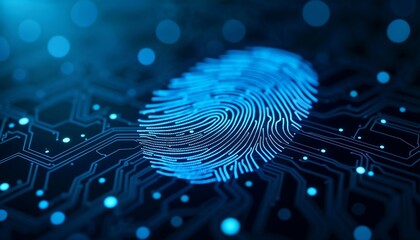 Glowing blue digital fingerprint on a dark blue circuit board, representing technology and biometric security