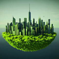 3D Illustration Green City Island Sustainability Urban Nature Eco-Friendly Environment Skyscrapers Architecture