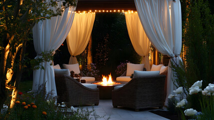 Serene Evening Outdoor Patio with Fire Pit and Romantic Lighting