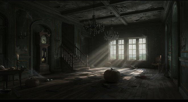 Pumpkin in Abandoned Interior with Cobwebs and Sunlight Streaming Through Windows