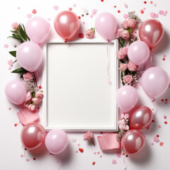 festive arrangement featuring pink balloons, roses, and decorative elements surrounding blank frame, perfect for celebrations and special occasions