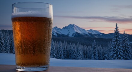 Enjoying Refreshing Beer with Snowy Mountain View at Beautiful Sunset