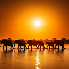 Fototapeta premium Photo - Elephants Sunset Water Reflection Wildlife Nature Safari Africa Orange Sky River Animals