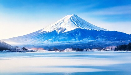 雪を被った冬の富士山と霧の立ち込める湖の風景 水彩画風イラスト