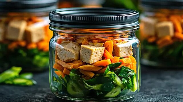 Prepared Tofu Salad Jars on Dark Surface