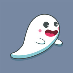 exited face cute ghost cartoon character in outline flat vector design