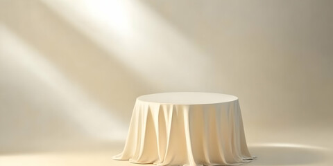 3D Illustration Background - Empty Round Table with Tablecloth, Soft Light, Minimalist Scene