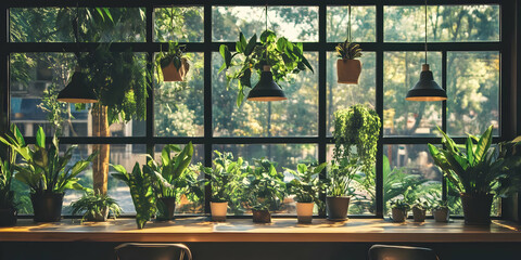 Photo Lush Greenery Window Sunlight Indoor Plants Cafe Interior Design Home Decor Cozy Vibes Tranquil Scene Nature Inspired