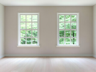 Fototapeta premium Illustration - Empty Room, Wood Floor, Windows, Nature View