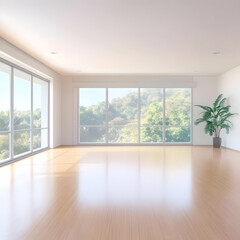 Fototapeta premium 3D Illustration Empty Room Interior Design Hardwood Floor Window View Green Trees Plant Pot