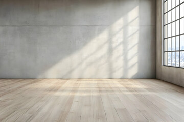 3D Illustration Empty Room Wood Floor Concrete Wall Window Light Shadows