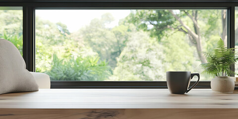 Fototapeta premium 3D Illustration Cozy Home Interior, Coffee, Plant, Window View