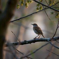 Song thrush on a perch within an oak and pine forest at first light on a cold late autumn day