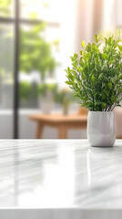 Fototapeta premium Illustration Background - Marble Table, Plant, Blurred Interior