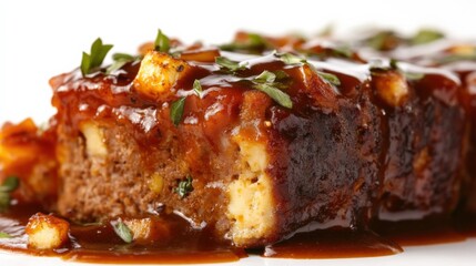 Delicious homemade meatloaf with glaze sauce kitchen food photography indoor close-up comfort cooking