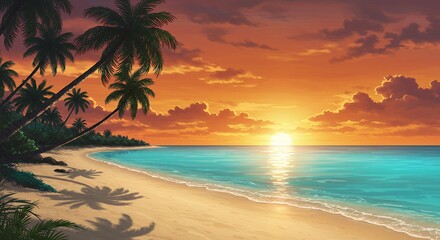 Obraz premium Sunset Palm Tree Beach with Golden Light Reflecting on the Water