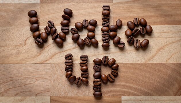 "Wake up" spelled with coffee beans on wood, morning theme