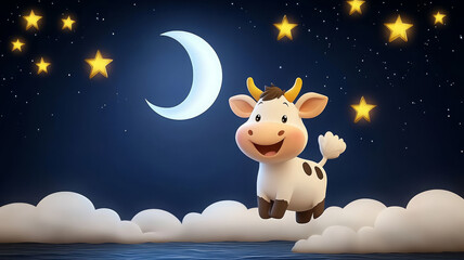 Cheerful cartoon cow jumping among stars and moon in night sky