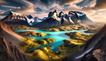 Turquoise river flowing through majestic mountains at sunset in torres del paine national park
