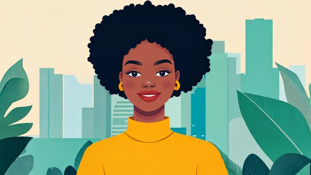 Cheerful Woman with Afro Hairstyle in Yellow Sweater Smiling Against Abstract Urban Background with Green Foliage