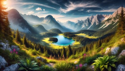 Breathtaking sunset illuminating majestic alpine lake and surrounding mountains