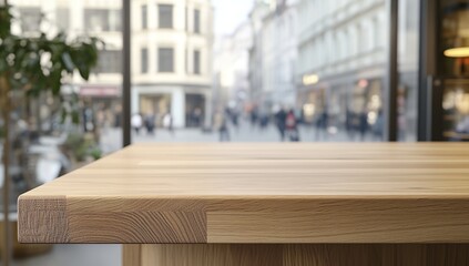 Empty Light Brown Wooden Table Top Against Blurred City Street Background