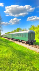 Fototapeta premium Photo - Green Train Journey Through Lush Green Fields Under Blue Sky