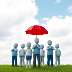 Protecting Together The Power of Community Support, Group of figures stands under red umbrella, symbolizing safety, unity, and collective strength against lifes challenges