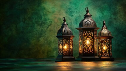 Fototapeta premium Ornate Metal Lanterns Glowing on Dark Green Background