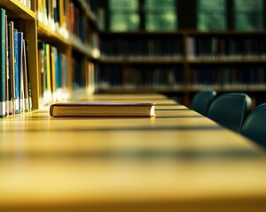 A Single Book on a Library Table with Soft Light from Windows